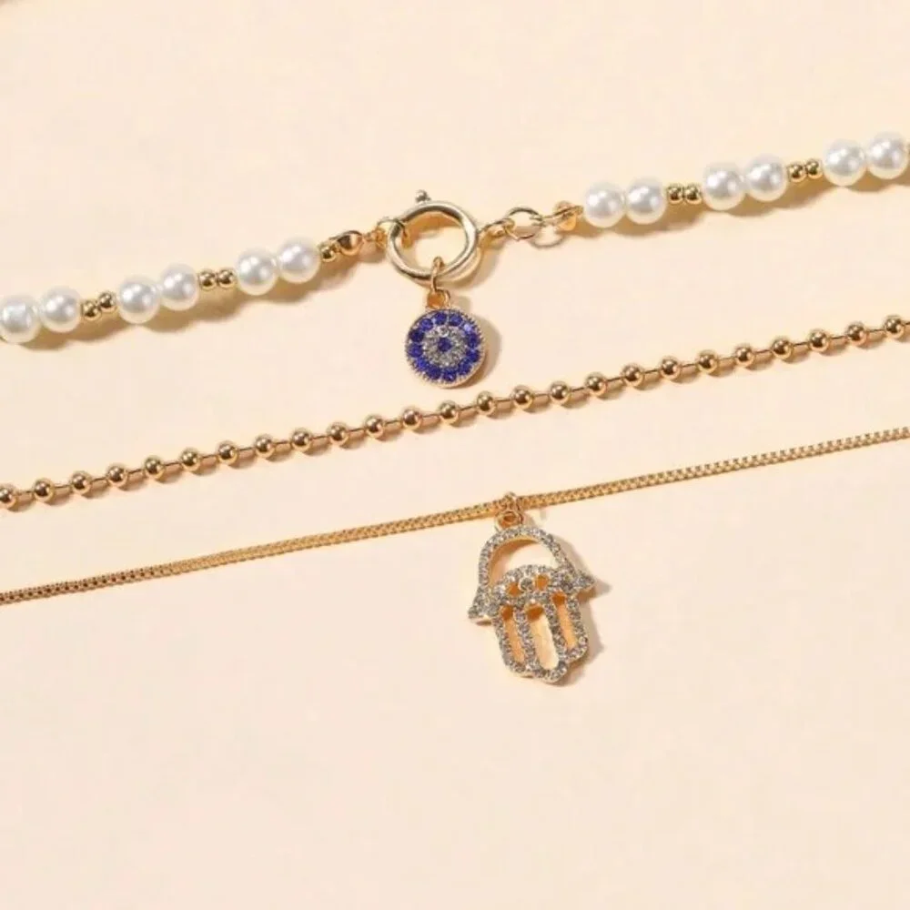Gold Tone Hamsa Multilayer Necklace